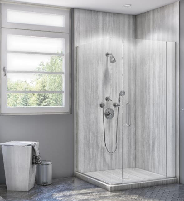 Corner Shower in Veincut Gray